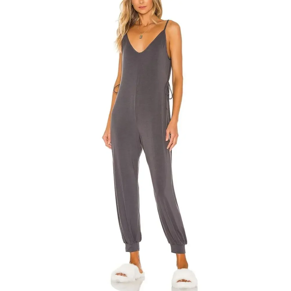 NEW Eberjey Finley Knotted‎ Sleep Jumpsuit Ebony Bamboo Jersey Lounge Pajamas M